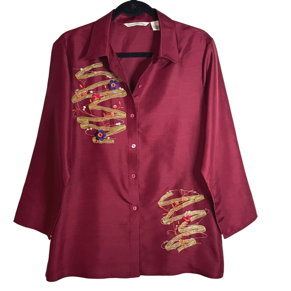 French Laundry Silk Embroider Lagenlook Asian Inspired Blouse Size L Art to Wear